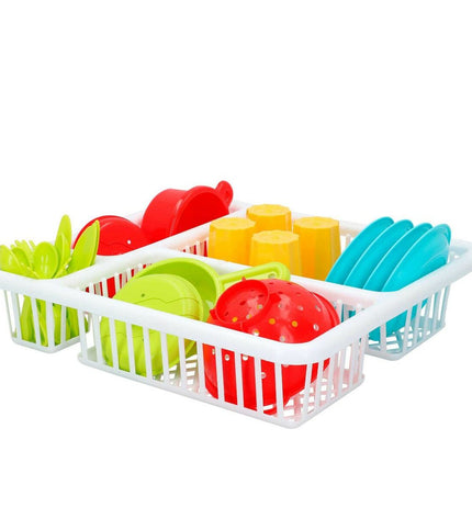 Colorbaby children's toy set with 26 washable pieces for pretend play, including dishes, utensils, and accessories.