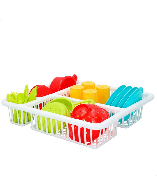 Colorbaby children's toy set with 26 washable pieces for pretend play, including dishes, utensils, and accessories.