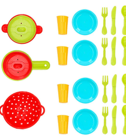 Colorbaby children's play set with 26 washable pretend toy pieces, including utensils and dishes for imaginative play.