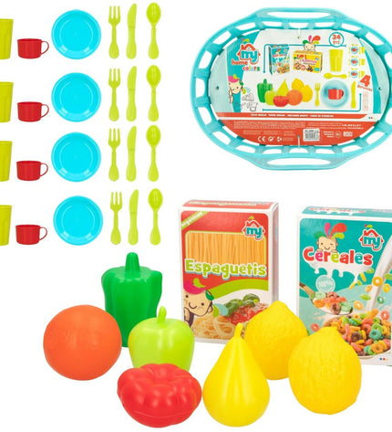 Colorbaby speelgoedset met 34 huishoud- en kookgerei-onderdelen voor imiteerspelletjes, inclusief 16 stukken in kleurrijk design.
