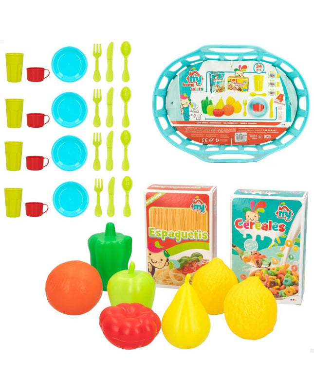 Colorbaby speelgoedset met 34 huishoud- en kookgerei-onderdelen voor imiteerspelletjes, inclusief 16 stukken in kleurrijk design.