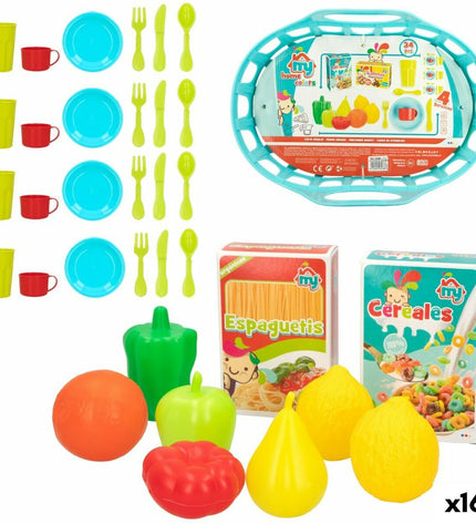 Colorbaby play toy set with 34 kitchen and household items, including utensils and cookware, for pretend cooking and household play.