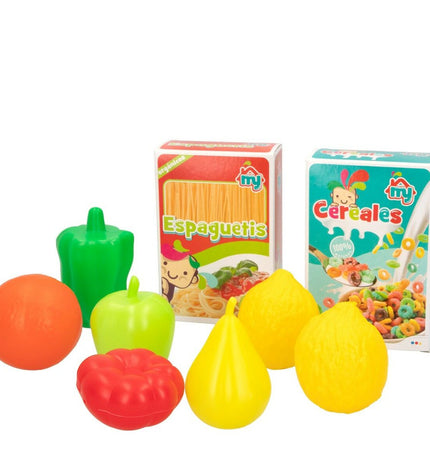 Colorbaby play kitchen and household toy set with 34 pieces, including cookware, utensils, and household items for imaginative play.