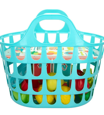 Colorbaby play toy set with 34 kitchen and household items, including utensils and appliances for pretend cooking and cleaning.
