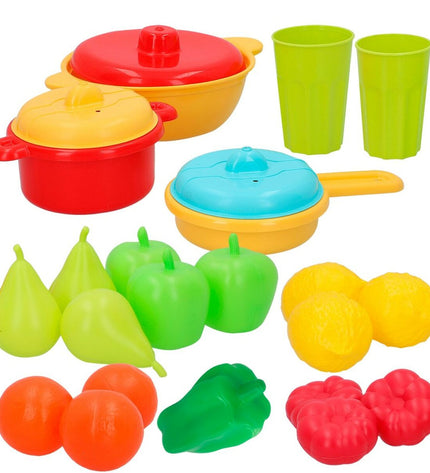 AquaSport play toy set with 24 kitchen and household items, including utensils, cookware, and cleaning tools for pretend play.