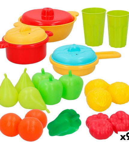 AquaSport playset with 24 toy kitchen and household items, including utensils, pots, and cleaning tools, for pretend play.