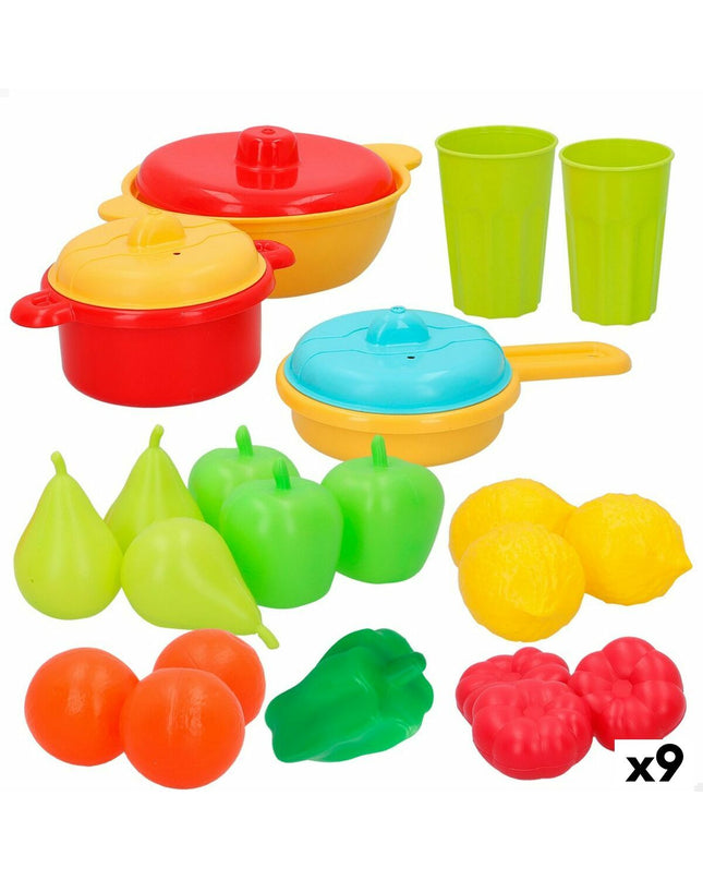 AquaSport playset with 24 toy kitchen and household items, including utensils, pots, and cleaning tools, for pretend play.