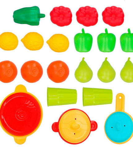 AquaSport pretend play toy set with 24 kitchen and household items, including utensils, cookware, and cleaning tools for kids.
