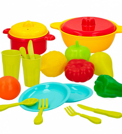 Colorbaby play kitchen and household toy set with 20 colorful pieces, including cookware and utensils for imaginative play.