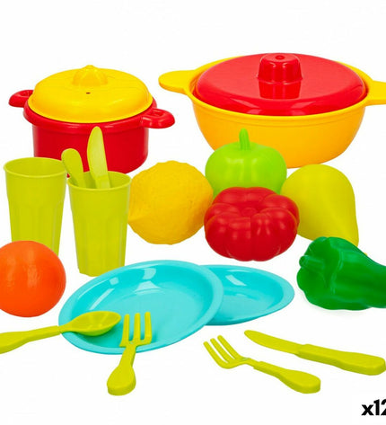 Colorbaby play kitchen and household toy set with 20 pieces, including pots, pans, and utensils for pretend cooking and house play.