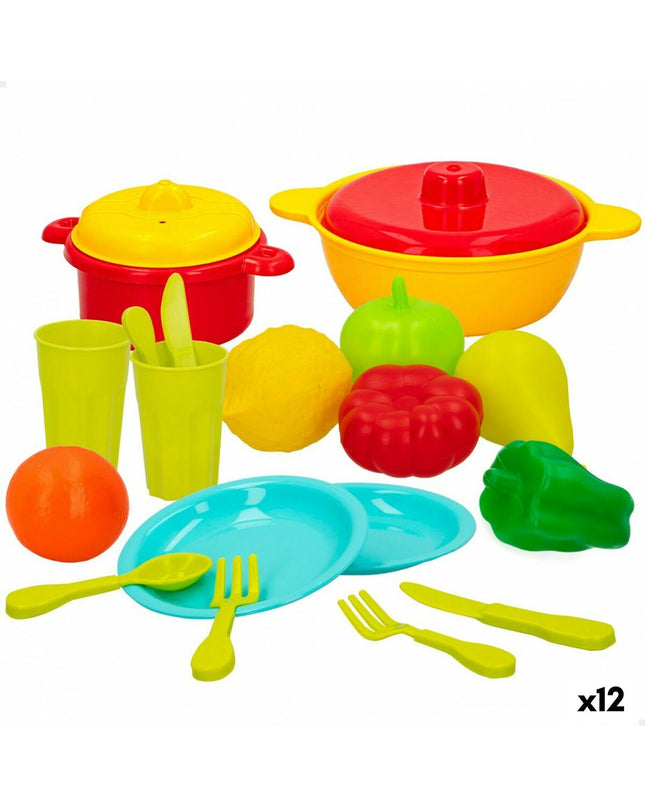 Colorbaby play kitchen and household toy set with 20 pieces, including pots, pans, and utensils for pretend cooking and house play.