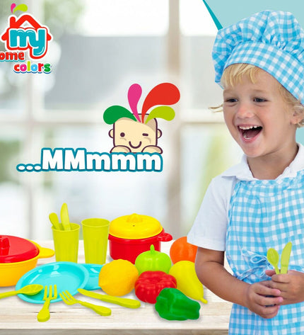Colorbaby play toy set with 20 household and cooking imitation items, including dishes, utensils, and cookware for kids.