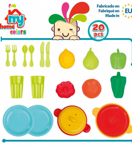 Colorbaby pretend play toy set with 20 household and cooking items, including pots, pans, and utensils, for kids' imaginative play.