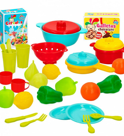 Colorbaby speelgoedset met 31 huishoud- en kookgerei onderdelen, geschikt voor imiteerspelletjes en fantasierijk spelen.