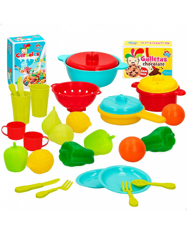 Colorbaby speelgoedset met 31 huishoud- en kookgerei onderdelen, geschikt voor imiteerspelletjes en fantasierijk spelen.