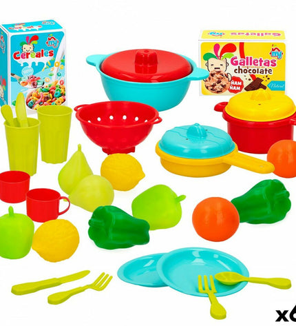Colorbaby play toy set with 31 household and cooking utensils, includes six colorful plastic pieces for pretend play.