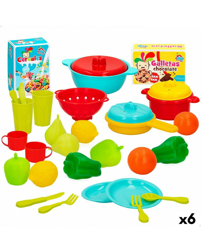 Colorbaby play toy set with 31 household and cooking utensils, includes six colorful plastic pieces for pretend play.