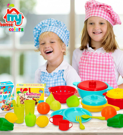 Colorbaby pretend play toy set with 31 kitchen and household items, including utensils, cookware, and food for children.