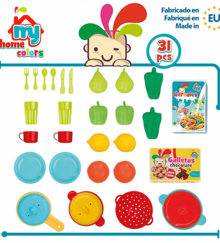 Colorbaby play kitchen set with 31 kitchen and household toy pieces, including utensils, pots, and food items for pretend play.