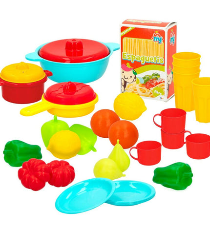 Colorbaby speelgoedset met 31 huishoud- en kookgerei onderdelen, inclusief potten, pannen en keukengerei voor kinderen.
