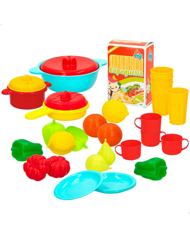 Colorbaby speelgoedset met 31 huishoud- en kookgerei onderdelen, inclusief potten, pannen en keukengerei voor kinderen.
