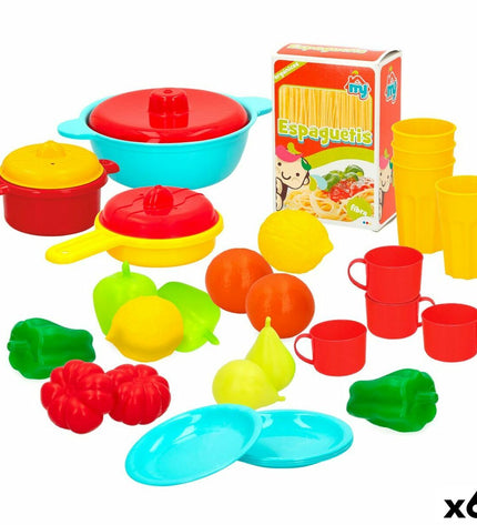 Colorbaby pretend play kitchen set with 31 pieces for children, including utensils, cookware, and household items in bright colors.