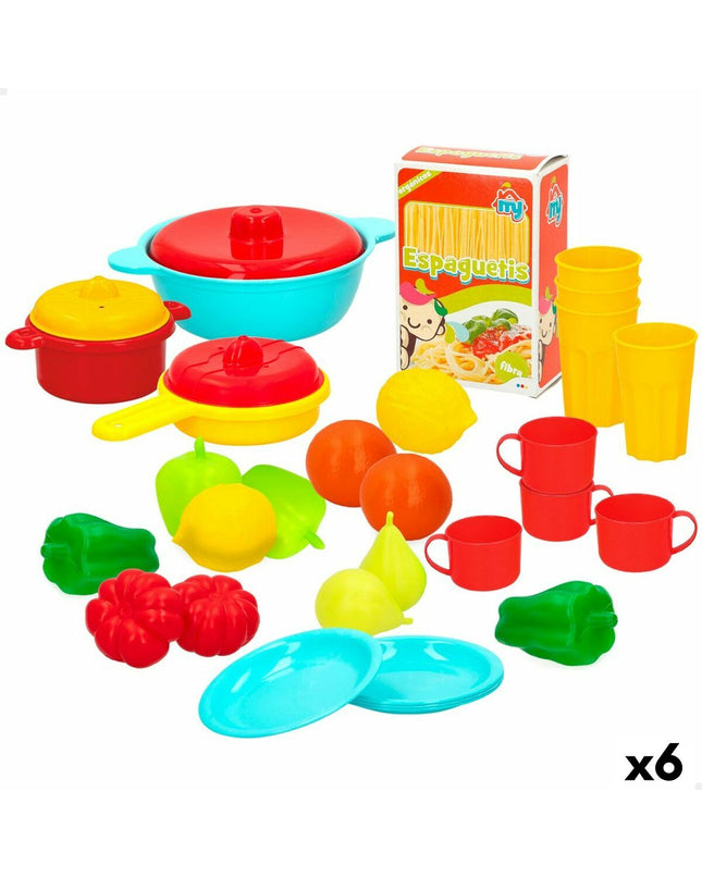 Colorbaby pretend play kitchen set with 31 pieces for children, including utensils, cookware, and household items in bright colors.