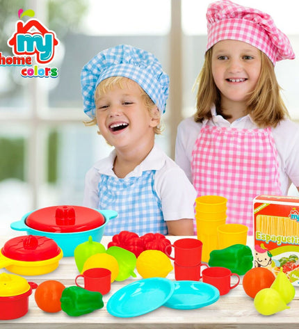 Colorbaby play toy set with 31 kitchen and household utensils, including pots, pans, and utensils for imaginative play.