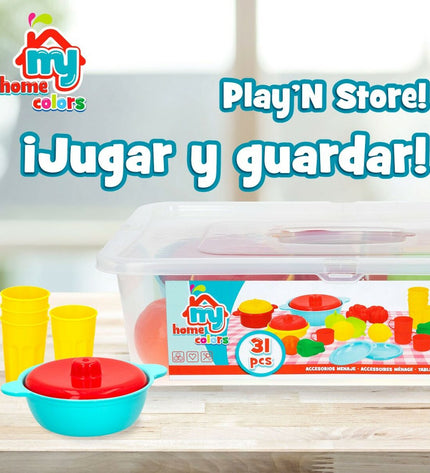Colorbaby speelgoedset met 31 huishoud- en kookgerei-onderdelen voor kinderen, inclusief potten, pannen en keukengerei.