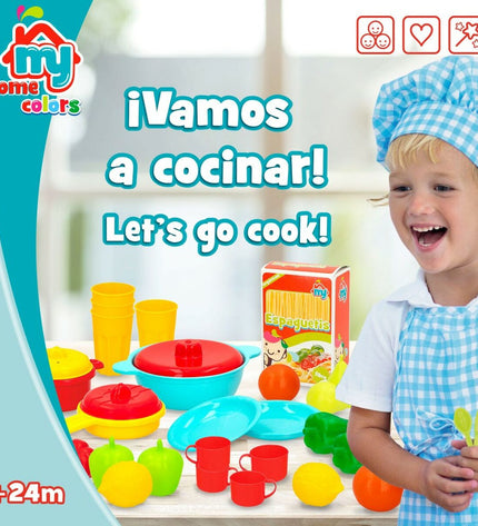 Colorbaby play kitchen and cooking toy set with 31 pieces, including household items and utensils for imaginative play.
