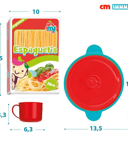 Colorbaby play kitchen set with 31 toy utensils and household items, including pots, pans, and cooking tools for kids.