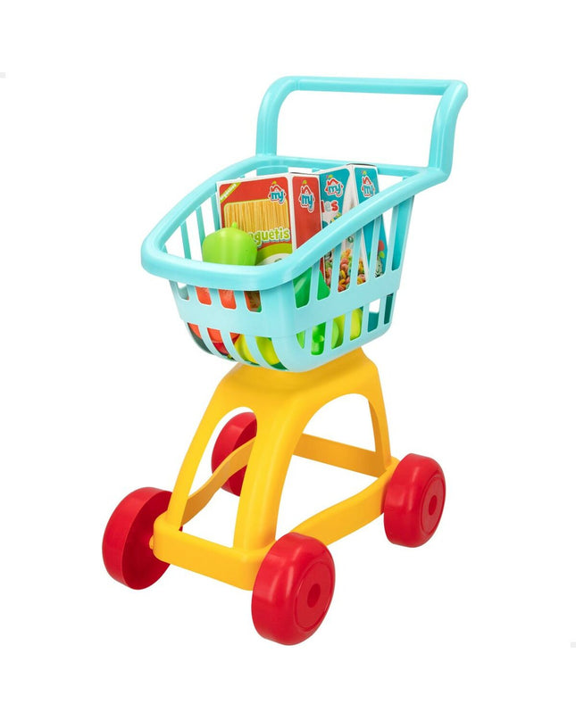 Colorbaby My Home toy shopping carts set with four colorful carts, measuring 30x54x41 cm, for imaginative play and role-playing.
