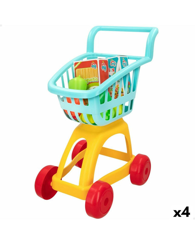 Colorbaby My Home toy shopping cart set with four colorful plastic carts, designed for pretend play and role-playing activities.