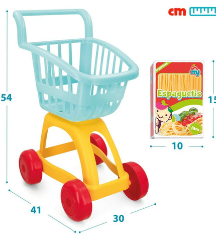 Colorbaby My Home toy shopping cart set with four colorful carts, measuring 30x54x41 cm, for pretend play and role-playing fun.