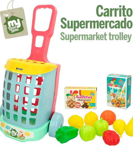 Colorbaby My Home toy shopping cart with 12 pieces, colorful miniature food and accessories, perfect for imaginative play.