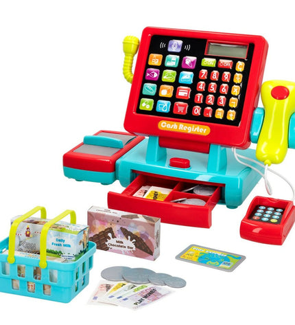 PlayGo toy cash register set with six pieces, realistic play money and card scanner, perfect for imaginative shopping games.