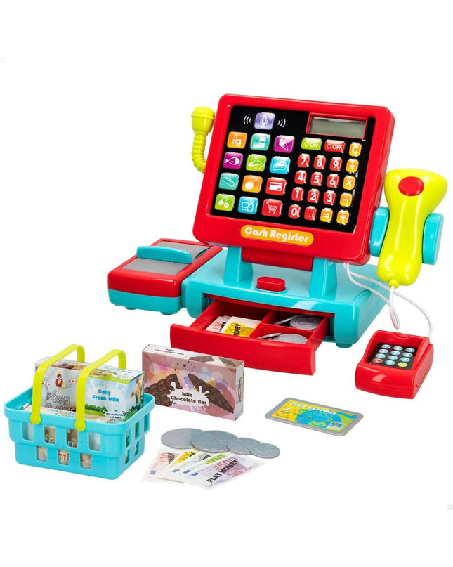 PlayGo toy cash register set with six pieces, realistic play money and card scanner, perfect for imaginative shopping games.