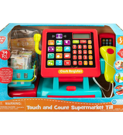 PlayGo toy cash register set with six pieces, measuring 31x22x14.5 cm, ideal for pretend play and role-playing games.