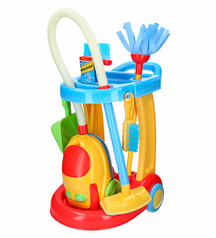 PlayGo cleaning trolley with accessories, toy pretend play set, two units, featuring a compact design for imaginative role-playing.
