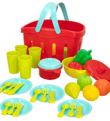 Colorbaby pretend play toy set with 36 kitchen and household items, including utensils, pots, and food for kids' imiteerspelletjes.