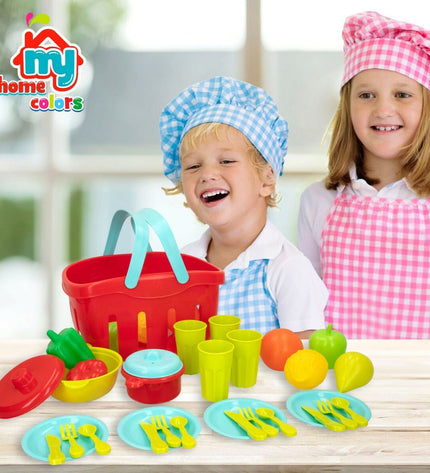 Colorbaby play toy set with 36 pieces including household and cooking tools, designed for imaginative play and role-playing.
