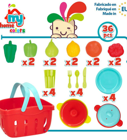 Colorbaby pretend play toy set with 36 kitchen and household items for children, including utensils and cooking accessories.