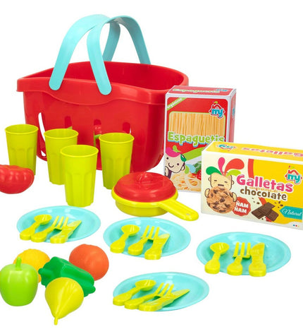 Colorbaby play toy set with 33 household and cooking utensils, including pots, pans, and utensils for pretend cooking and house play.