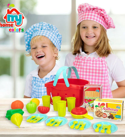 Colorbaby play toy set with 33 household and cooking utensils, including pots, pans, and utensils for pretend play.