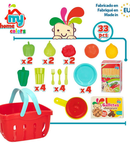 Colorbaby pretend play kitchen and household toy set with 33 pieces, including cooking utensils and household items for kids.
