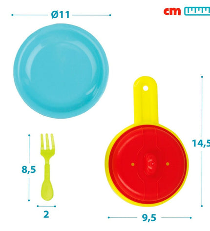 Colorbaby play toy set with 33 kitchen and household items, including utensils and cookware for pretend cooking fun.