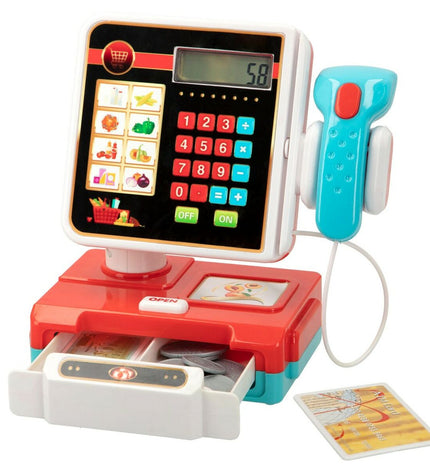 Colorbaby My Home toy cash register with 17 colorful parts, realistic buttons, and a compact 18x19x11 cm size for kids' imaginative play.