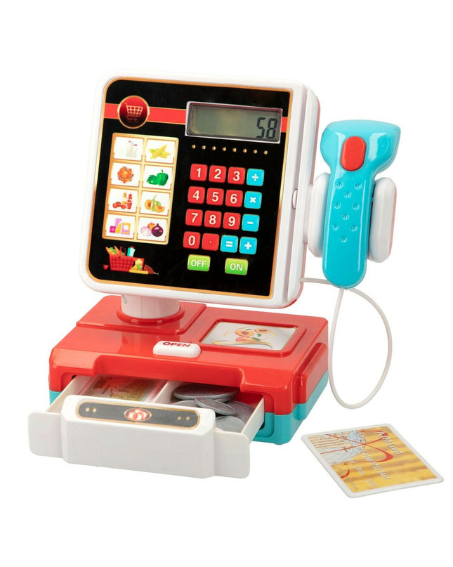 Colorbaby My Home toy cash register with 17 colorful parts, realistic buttons, and a compact 18x19x11 cm size for kids' imaginative play.