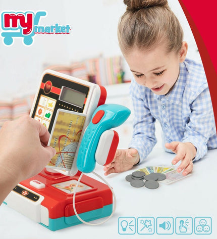 Colorbaby My Home toy cash register with 17 colorful play parts, designed for imaginative play, measuring 18x19x11 cm.