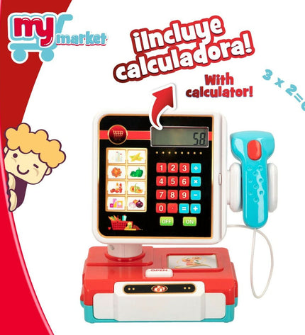 Colorbaby My Home toy cash register set with 17 colorful parts, measuring 18x19x11 cm, six-piece pretend play set for kids.